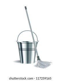 Bucket and mop on white background. Vector illustration