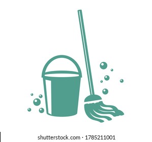 Bucket and mop on a white background. Cleaning. Vector illustration.