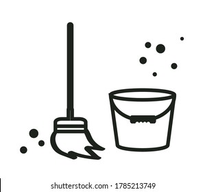 Eimer und Mopp auf weißem Hintergrund. Symbol. Vektorgrafik.