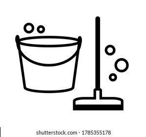 Cubo y cuchara sobre un fondo blanco. Limpieza. Ilustración vectorial.