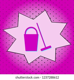 Bucket and mop .Purple icon pop-art background .Vector.