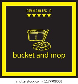 bucket and mop sketch vector icon