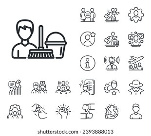 Bucket with mop symbol. Specialist, doctor and job competition outline icons. Cleaning service line icon. Washing Housekeeping equipment sign. Cleaning service line sign. Vector