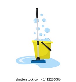 Bucket for mopping and mop on a white background. Household chores. Vector illustration.