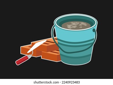 A bucket of mortar, bricks and a trowel. Sticker, emblem. Black background. Vector illustration