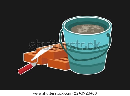 A bucket of mortar, bricks and a trowel. Sticker, emblem. Black background. Vector illustration