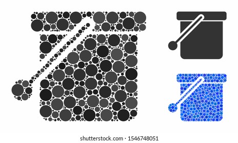 Bucket mosaic of circle elements in different sizes and color tinges, based on bucket icon. Vector circle elements are composed into blue collage. Dotted bucket icon in usual and blue versions.