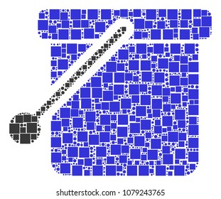 Bucket mosaic icon of square figures and circles in variable sizes. Vector items are composed into bucket composition design concept.