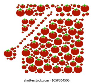 Bucket mosaic of tomato vegetables in various sizes. Vector tomato symbols are grouped into bucket shape. Organic vector design concept.