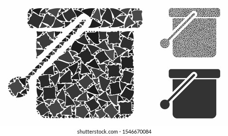 Bucket mosaic of unequal items in various sizes and color tinges, based on bucket icon. Vector unequal parts are grouped into mosaic. Bucket icons collage with dotted pattern.
