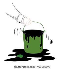 a bucket of oil in the man's hand and a small green leaf/green bucket with oil does not improve ecology
