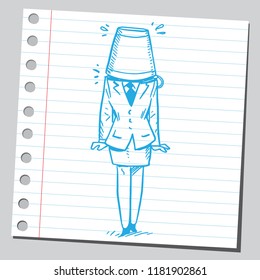 Bucket on businesswoman's head. Drawing on a note paper background.