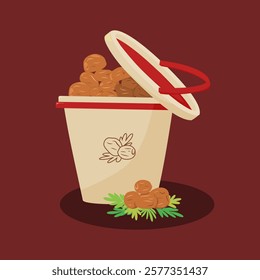 A bucket overflowing with fresh dates. The warm color palette and simple design perfect for a variety of projects, including food blogs, packaging, and marketing materials