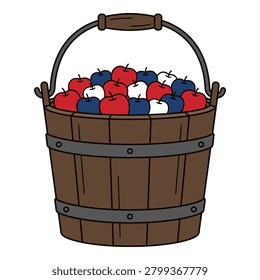 Bucket overflowing with fresh ripe apples colored in red white and blue for patriotic holidays.