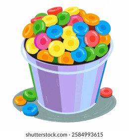 A bucket overflowing with neon colored candies, ideal for vibrant, fun event designs, party decorations, and candy marketing.