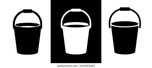 Bucket (pail) icon. Well attribute. Vessel for storing, carrying liquid and bulk materials. Cylindrical bucket of water for watering plants or extinguishing a fire.