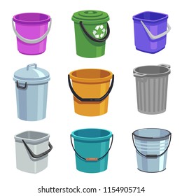 Bucket and pail set. Empty containers with handle, trash bins and buckets with water. Cartoon isolated set. Container bucket for garbage, vector illustration