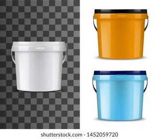 Bucket or pail vector mockups with plastic packages of paint or finishing building materials. Blank packs or cans with lids and handles 3d template of white, orange and blue containers