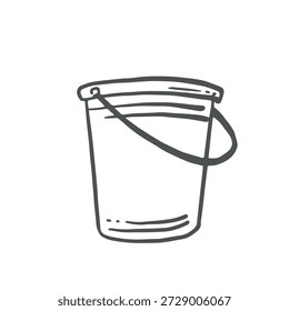 Bucket, pail for water vector graphic illustration of garden supplies. Isolated hand drawn gardening subject. Vessel for plants. Black and white doodle clipart for farmhouse rustic decor, sticker.