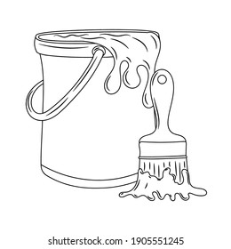 Bucket of paint with paint brush, black and white Line art vector illustration