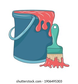 Cubo de pintura con pincel de pintura, ilustración del vector de arte de línea de color