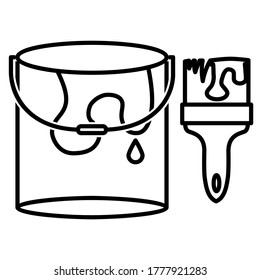 Bucket and paint brush icon in modern outline style design. Vector illustration isolated on white background.