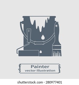Bucket of paint, brush and paint roller. Painting services. Painting work. logo.