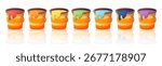 Bucket paint can pot vector shows orange containers where red, yellow, green, blue and purple dye drips in renovation. Bucket paint set suits kids illustration, house repair and construction design.