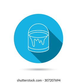 Bucket of paint icon. Painting box sign. Blue flat circle button with shadow. Vector