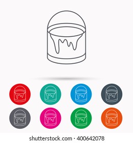 Bucket of paint icon. Painting box sign. Linear icons in circles on white background.