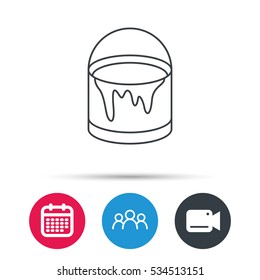 Bucket of paint icon. Painting box sign. Group of people, video cam and calendar icons. Vector