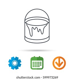 Bucket of paint icon. Painting box sign. Calendar, cogwheel and download arrow signs. Colored flat web icons. Vector