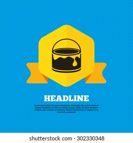 Bucket of paint icon. Painting works sign. Painter equipment. Yellow label tag. Circles seamless pattern on back. Vector