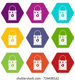 Bucket with paint icon set many color hexahedron isolated on white vector illustration