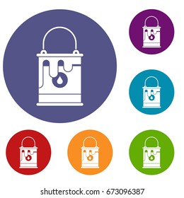 Bucket with paint icons set in flat circle reb, blue and green color for web