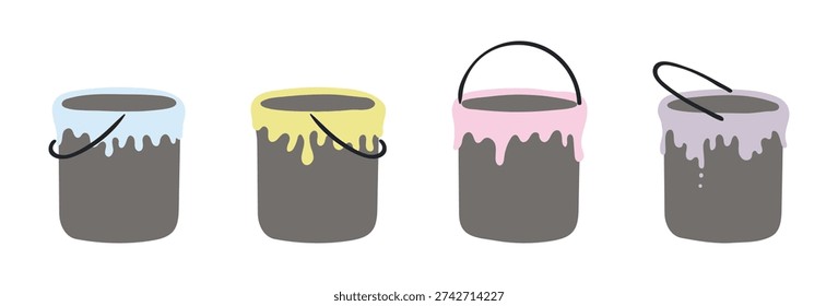 Bucket of paint isolated illustration set. Easter holiday clip art collection, seasonal card, banner, poster. Fine art, painting, house decoration. Hand drawn flat vector design element
