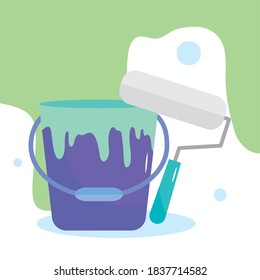 bucket paint roller and green wall remodeling vector illustration remodeling