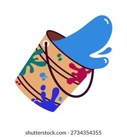 Bucket with paint splash, vector icon. Traditional container for liquid dye. Element of the Indian Holi festival, paint for fun. Bright colors for holidays, carnivals. Hand drawn cartoon clip art