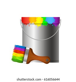 Bucket with paint stains and a paintbrush