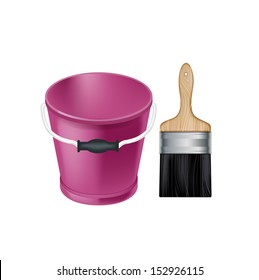 bucket with paintbrush isolated on white background