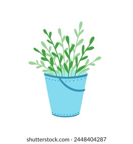 bucket with plant. Vector Illustration for printing, backgrounds, covers and packaging. Image can be used for greeting cards, posters, stickers and textile. Isolated on white background.