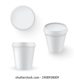Bucket plastic empty realistic mockups set. Containers, disposable packaging for ice cream, mayo, yogurt. Side, top, three quater view. Ready for your design. Vector collection isolated on white.