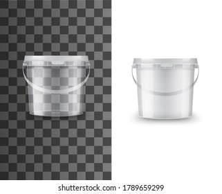 Bucket Of Plastic, Food Package Container, Vector White, Blank 3d Mockup. Paint Bucket Or Round Box Pack, Transparent Tub Pot Or Jar With Handle And Lid For Yogurt, Cream, Dairy Or Putty Package