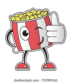 a bucket of popcorn, cartoon character, cardboard box shows the thumb, cool snack,vector image, flat design