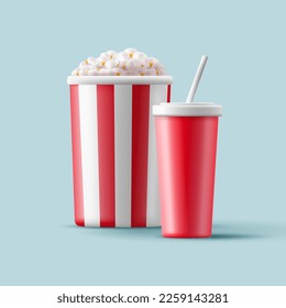 Un cubo de palomitas y una bebida en un vaso rojo con paja para ver una película. Ir al cine, descansar. Representación 3D moderna para uso publicitario.