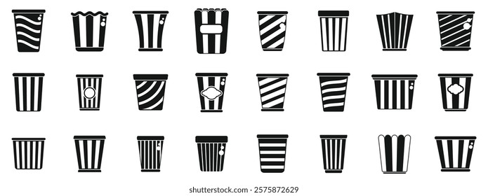 Bucket popcorn icons set. Black and white vector icons of popcorn and soda containers, perfect for representing cinema snacks and the movie going experience