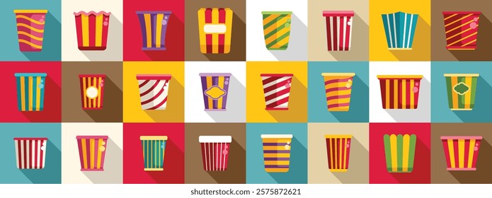 Bucket popcorn icons set. Colorful popcorn buckets and boxes pattern representing cinema snacks and refreshments