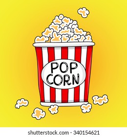 Bucket of popcorn on a yellow background. Vector illustration drawn by hand.