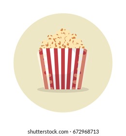 Bucket with popcorn, paper box icon, corn flat vector illustration on white background in round