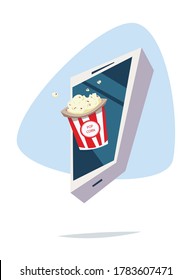 A bucket of popcorn in phone. Film industry entertainment concept flat vector illustration.